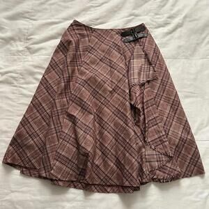 Axes Femme pink plaid midi skirt ruffles faux leather buckle details Size medium